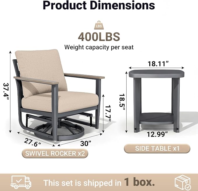 Aluminum Swivel Rocking Chairs, 3-Piece Outdoor Patio Furniture Set with Side Table, Rust-Proof Metal Gliders with Wood-Like Armrests & 5.1" Thick Cushions for Backyard, Porch, Khaki