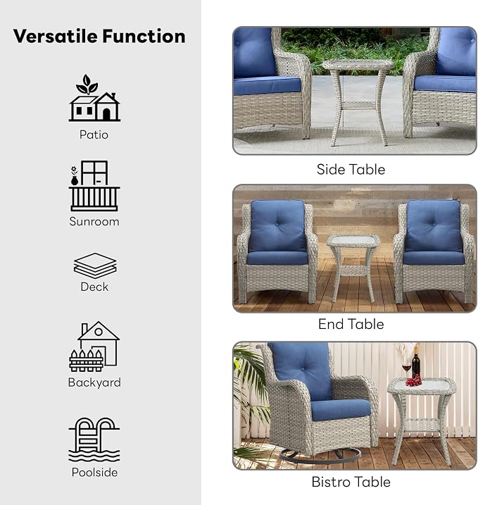 Belord Small Outdoor Side Table - Tempered Glass Wicker Table, Waterproof Patio Coffee Table Rattan End Table with Storage, Light Gray