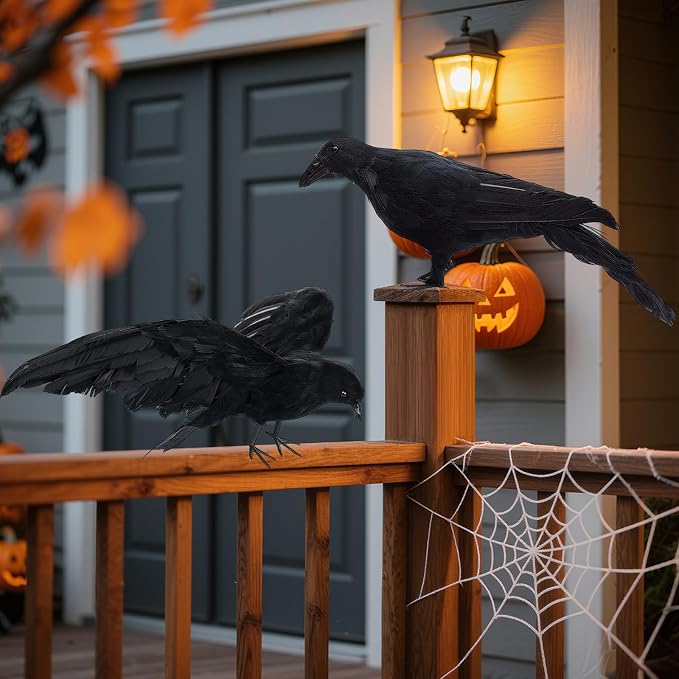 Black Fake Crows Halloween Decorations, 2 Pcs Large Realistic Feather Crows | Fake Crow Decor for Halloween Decor Birds, Plastic Stuffed Crow Prop Decoration Outdoor Indoor Tree Fence, 11 Inch