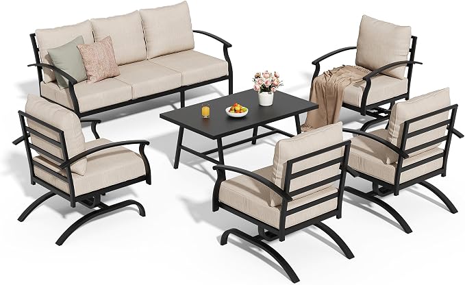 Metal Patio Furniture Set,6 Pieces 7 Seats Patio Sectional Outdoor Furniture Set with Rectangular Coffee Table,Patio Conversation Sets with 5.1" Thickened Cushions,Sand