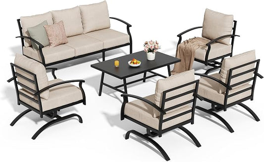 Metal Patio Furniture Set,6 Pieces 7 Seats Patio Sectional Outdoor Furniture Set with Rectangular Coffee Table,Patio Conversation Sets with 5.1" Thickened Cushions,Sand