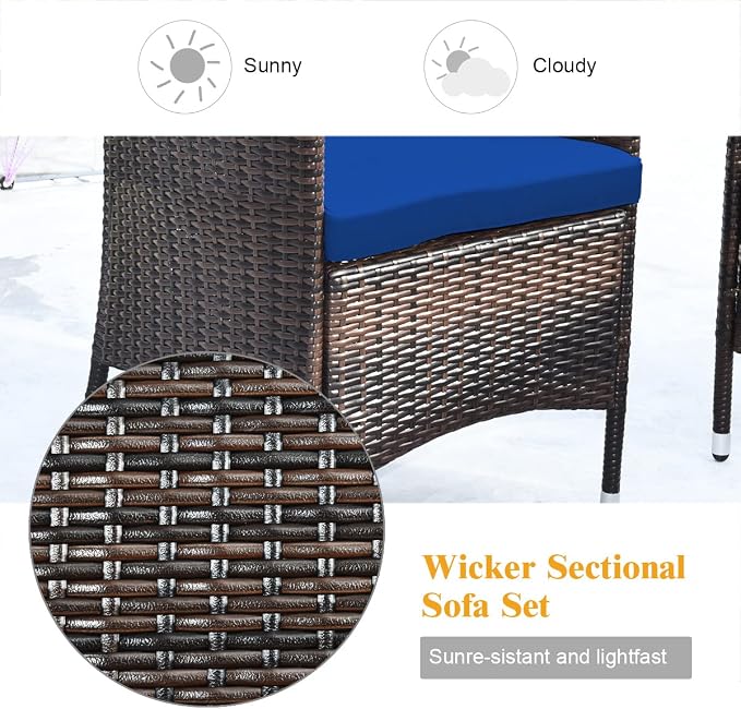 COSTWAY 8PCS Rattan Patio Furniture Set | Outdoor Wicker Rattan Chairs with Coffee Table, Rattan Cushioned Conversation Set for Backyard Balcony Porch Poolside, Navy
