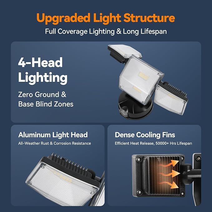 85W 10000LM Dusk to Dawn Outdoor Lighting, 4-Head Super Bright LED Flood Light, 5000K Daylight, IP65 Waterproof Hardwired Exterior Security Light for House Garage, Yard, Backyard (Black)