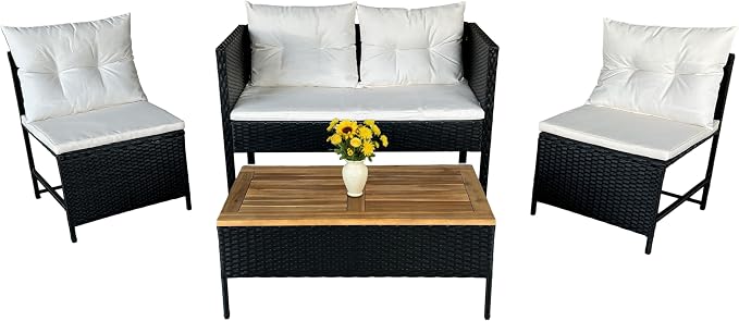 GIANGSUNNY 4 Piece Patio Furniture Set with Acacia Wood Table, Outdoor Hand-Woven Wicker Rattan Conversation Set, Weather-Resistant Seating for Patio, Balcony, Porch, Garden (Black)