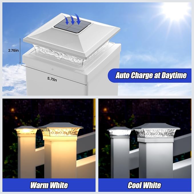 APONUO Solar Post Cap Lights 12 Pack for 4x4 5x5 6x6 Wood & Vinyl Fences - IP65 Waterproof, All-Night Auto On/Off, Warm/Cool White Light, Outdoor Deck Patio Garden (White)