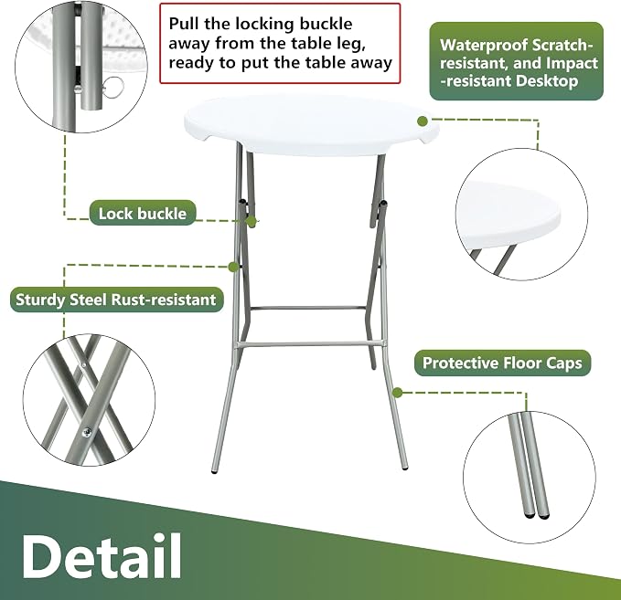 32in Cocktail Table, no Assembly Required, High Top Bistro Round Plastic Folding Table, Foldable Portable Bar Height Tables, Indoor Outdoor for Party Banquet Wedding Picnic Dining Camping, White