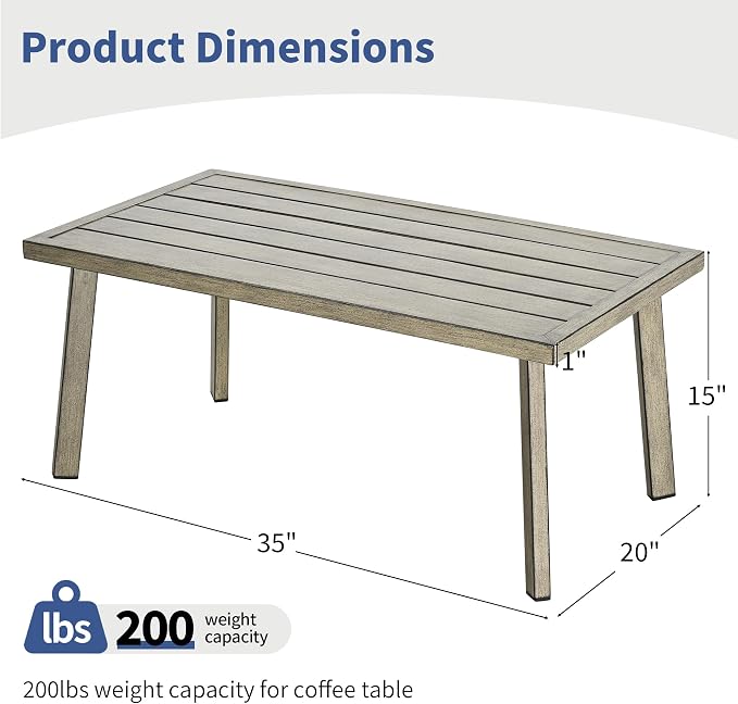 Outdoor Coffee Table, Never-Rust Aluminum Patio Table with Wood Grain Texture, Modern Rectangle Slatted Garden Side Table for Porch, Deck, Balcony, Indoor & Lawn (Taupe)