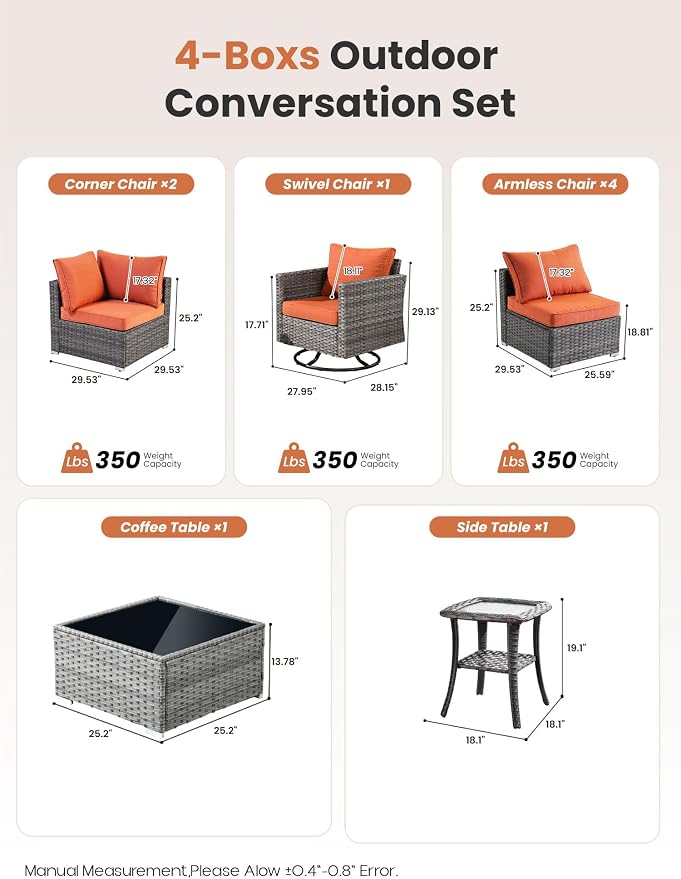 ovios Outdoor 9 Piece Coversation Set with Swivel Rocking Chair,Sectional Patio Furniture Set with All-Weather Wicker Sofa,Modern Outside Couch for Balcony Backyard Pool, Orange