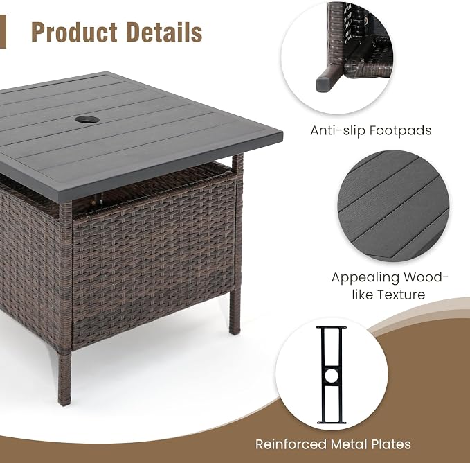 LUARANE Rattan Umbrella Side Table, Outdoor Wicker Stand Table with Umbrella Hole Steel, Suitable for Gardens, Balconies, Poolside (HDPE Tabletop)