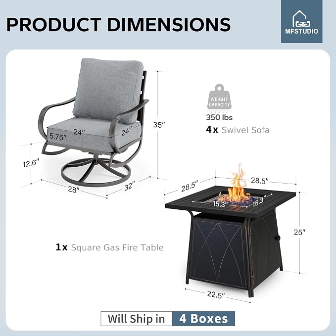 MFSTUDIO 5 Pieces Patio Conversation Sets, Outdoor Metal Furniture Sofas with 1 x 28 50,000 BTU Square Propane Gas Fire Pit Table and 4 x Steel Frame Patio Sofa Swivel Chairs with Grey Cushion