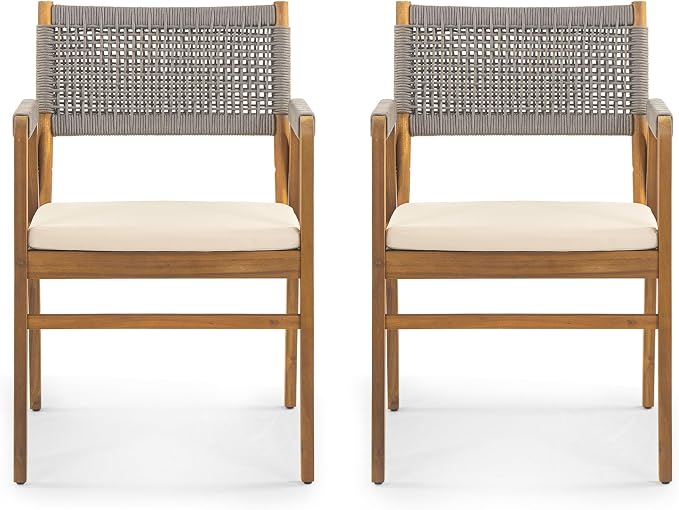 Christopher Knight Home Outdoor Dining Set with 70" Oval Acacia Wood Patio Table and 6 Rope Woven Dining Armchairs with Cushions, Teak Finish Outdoor Table and Chairs Set for Patio Deck Garden Dining