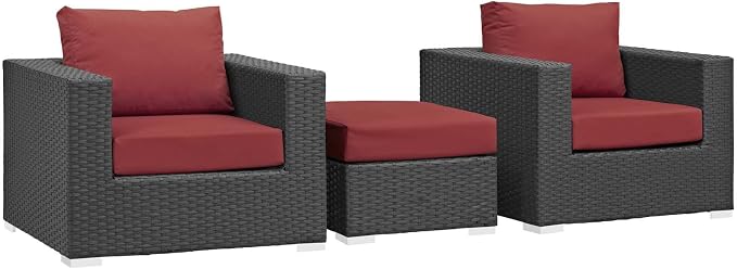 Modway Sojourn Wicker Rattan 3 Piece Outdoor Patio Sunbrella Sectional Set in Canvas Red