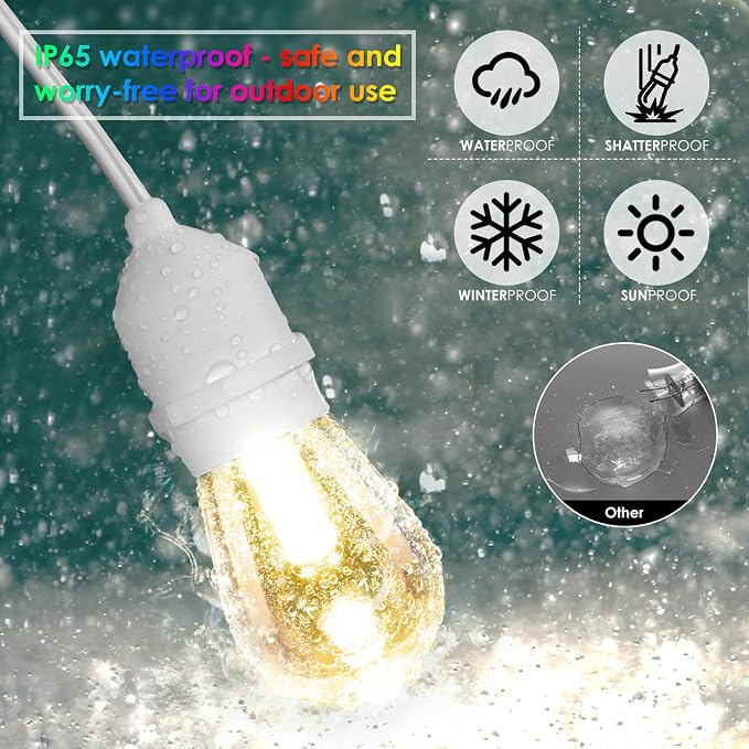 Multicolor 96FT(2x48FT) LED Patio String Lights with Remote, White | Plug in, 8 Lighting Modes, 30+5 S14 RGB Edison Bulbs, Dimmable, Shatterproof, Waterproof, Connectable, for Engagement Wedding