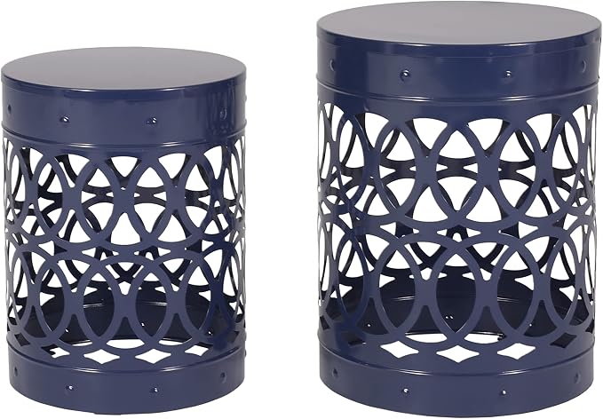 Outdoor Metal Side Table Set of 2, Navy Blue