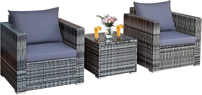 COSTWAY 3-Piece Patio Furniture Set, Outdoor Wicker Rattan Sofa with Cushions and Coffee Table, Conversation Chair Set for Poolside Backyard Balcony Lawn (Grey)