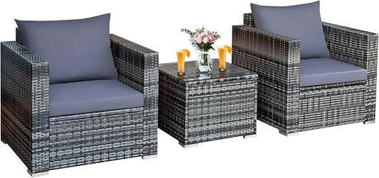 COSTWAY 3-Piece Patio Furniture Set, Outdoor Wicker Rattan Sofa with Cushions and Coffee Table, Conversation Chair Set for Poolside Backyard Balcony Lawn (Grey)