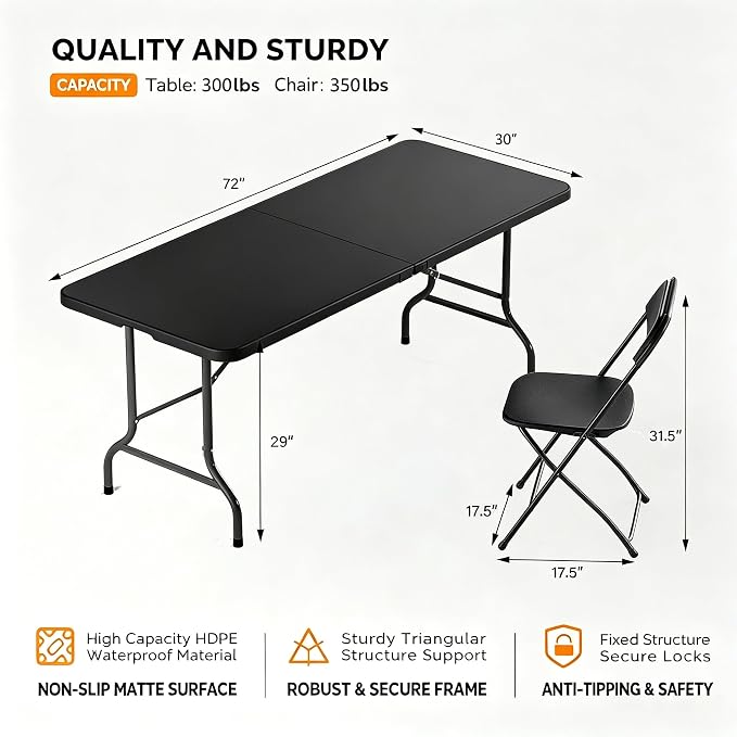 6FT Plastic Folding Table Set with 6 Black Folding Chairs, Portable Heavy Duty Table and Chair Set for Picnic, Party, Training, Wedding, Outdoor Activities, Home & Commercial Use