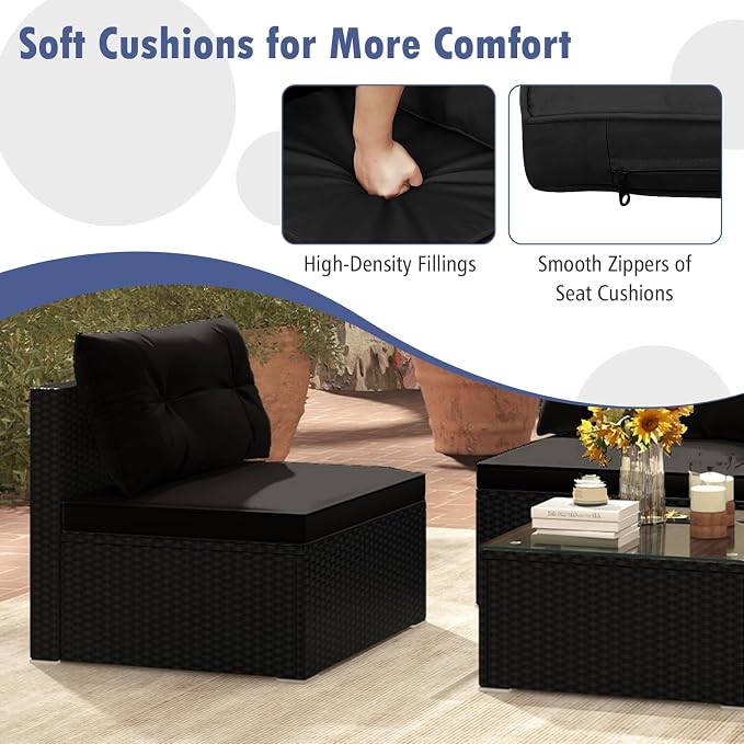 RELAX4LIFE 5-Piece Outdoor Patio Furniture Set, Rattan Sectional Sofa Set w/Glass-Top Coffee Table, Soft Seat & Back Cushions, Bistro Set for Garden Backyard Porch, Wicker Conversation Set (Dark)