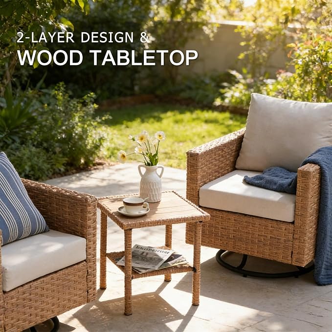 SUNSITT 3-Pieces Patio Furniture Set, Outdoor Wicker Swivel Chairs with Wood Top Side Table & Thick Comfy Cushions, for Porch, Balcony, Deck, Natural Rattan Color