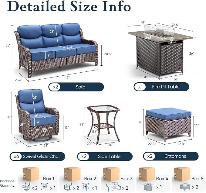Belord Luxury 6" Thick Cushioned 11 Pieces Patio Furniture Set with Fire Pit Table, Wicker Outdoor Conversation Set with High Back Swivel Rocker Chairs for Deck Porch Yard and Poolside - Brown+Blue