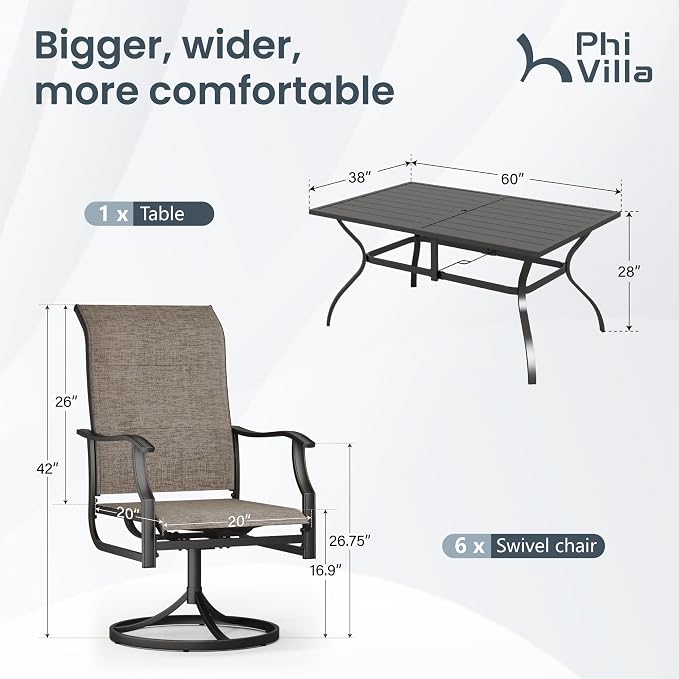 PHI VILLA Outdoor Dining Set for 6, Metal Table & High-Back Swivel Chairs | Padded Textilene,Ergonomic, Rectangular, Umbrella hole, Weather resistant, Heavy-duty, Patio backyard deck, 7 piece