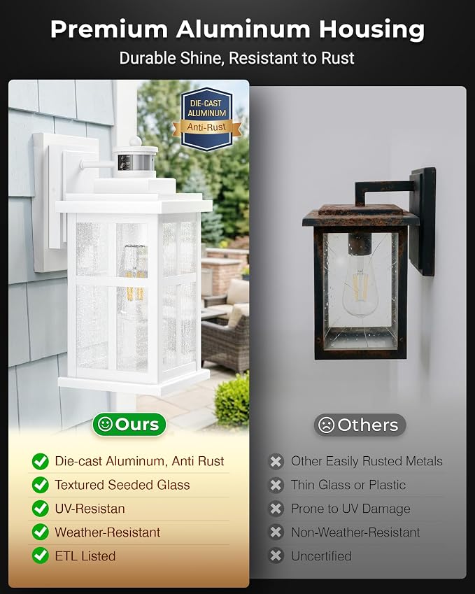 VIANIS Large White Outdoor Lights for House, Modern Motion Sensor Exterior Light Fixtures Wall Mount for Porch, 100% Aluminum Waterproof Outdoor Wall Sconce Lantern for Garage with Textured Seed Glass