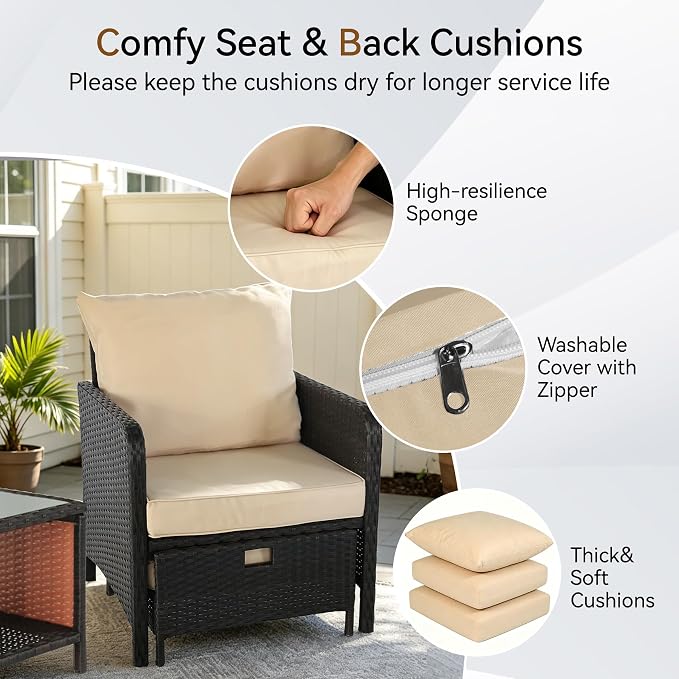 YLGJ&TIDY 5 Pieces Patio Furniture Set, Rattan Outdoor Lounge Chairs with Soft Cushions,Outdoor Wicker Patio Conversation Set with Hidden Ottoman and Coffee Table for Porch, Garden, Backyard (Khaki)