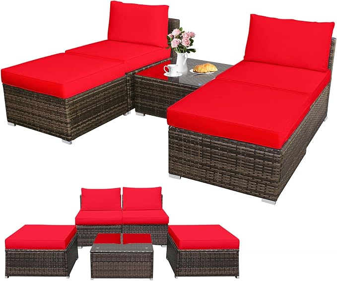 DORTALA Wicker Patio Furniture Set 5 Piece, Outdoor Conversation Sets with Chairs, Ottomans, Tempered Glass Table, Cushions, All Weather Rattan Sofa Couch for Balcony, Porch, Backyard, Deck, Red