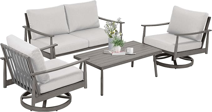 HAPPATIO Patio Outdoor Furniture Set - 4 Piece Aluminum Patio Conversation Set with 1 Coffee Table, 2 Swivel Chairs and 1 Loveseat, Aluminum Outdoor Furniture Set for Backyard Deck Poolside (Grey)