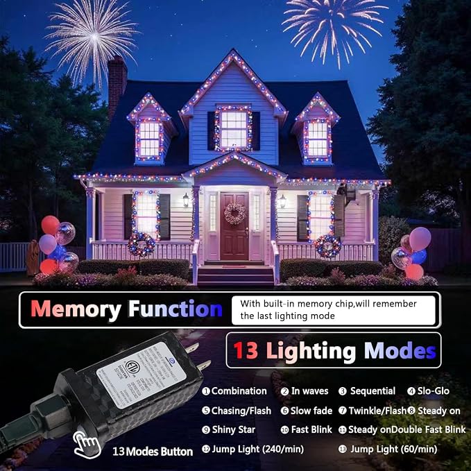 200 LED Connectable String Lights, 66FT American Flag Lights Outdoor Indoor | Red Blue and White, 13 Modes, Timer, Clear Wire Waterproof Twinkle Fairy Lights Plug in for 4th of July, Memorial Day Decor