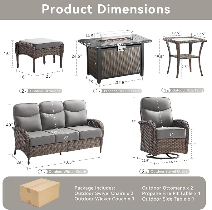 Luxury Patio Furniture Set with 42.5" Fire Pit Table, 6-Inch Thick Cushions Wicker Outdoor Furniture with Wicker Swivel Patio Chairs Set of 2, Patio Conversation Set for Deck Garden Porch, Gray