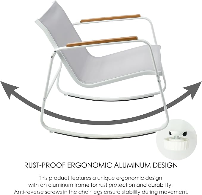 Kozyard 3-Piece Rocking Chair Set, Outdoor Rocking Textilene Bistro Set with Wooden Armrests, Outdoor Conversation Set with Glass Table for Lawn, Porch, Yard, Garden, Balcony, Poolside, White