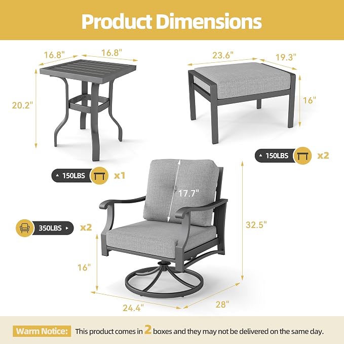 Outdoor Swivel Rocker Chairs w/2 Ottomans, Coffee Table, 5 Piece Metal Patio Conversation Bistro Set with 5" Thickened Cushions, Aluminum Frame for Porch, Yard, Balcony, Gray