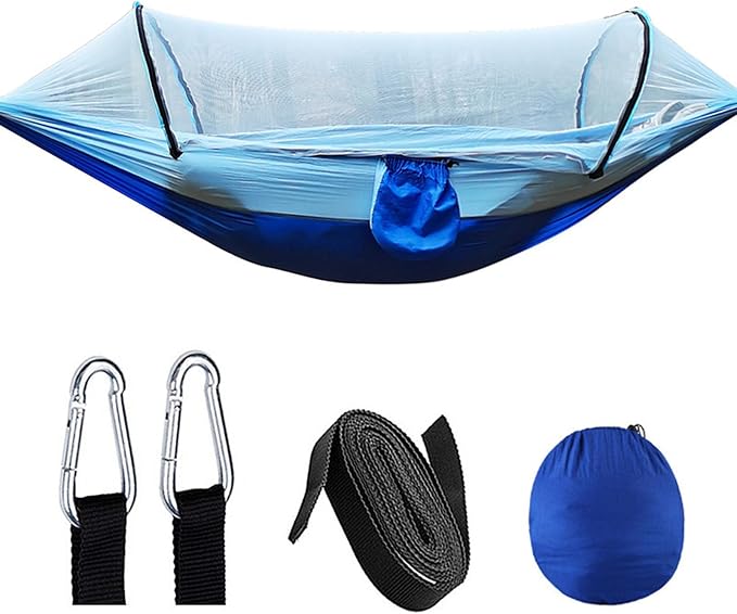 Heavy Duty Hammock with Mosquito Net–Canvas Hammock, Fade-Resistant Cotton Lounger, Roll-Free Comfort Design, Easy Setup for Backyard, Porch, Garden, Camping, Travel (Light Blue)
