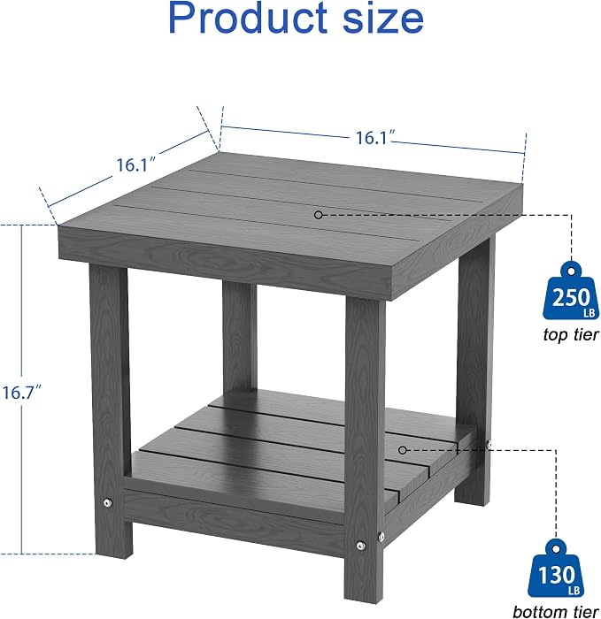 2-Tier HDPE Outdoor Square Side Table, Heavy-Duty Patio Side Table with Storage Shelf, Weather-Resistant Adirondack End Tables for Backyard, Pool, Porch, Garden, Lawn, Grey