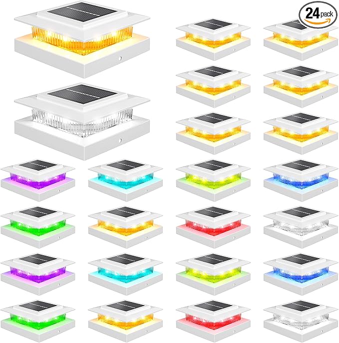 4x4 Post Solar Lights Color Changing,Solar Post Light,24 Pack White | RGB Solar Post Cap Lights for 4x4 Post Caps Wood Vinyl,5x5 Vinyl,IP44 Waterproof Fence Post Solar Lights Outdoor for Deck