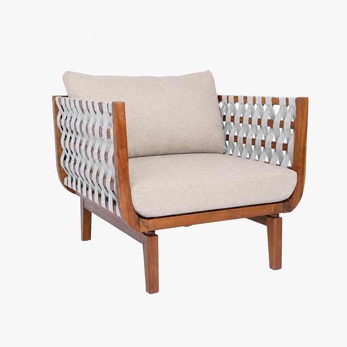 Christopher Knight Home Gwen 5 Piece Acacia Wood Patio Conversation Set with Sofa, Coffee Table, Ottoman and Club Chairs, Patio Sofa Set with Cushions, Outdoor Patio Furniture Set for 6,Teak+Beige