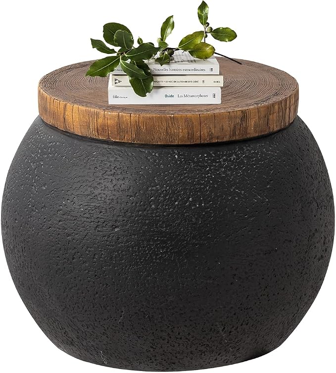 HOMPUS Concrete Outdoor Side Table Jar Shaped Round Coffee Table, Home Decor Plant Stand Outdoor Accent Modern Nightstand Patio Drum End Table for Living Room, Bedroom or Balcony,No Assembly