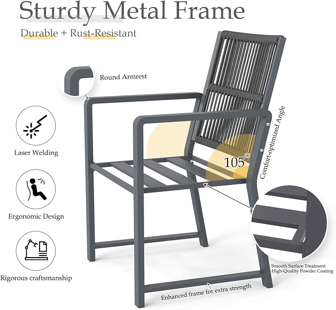 3 Pieces Metal Outdoor Dinning Set Featuring 1 Table and 2 Ratten Chairs Waterproof and Rust-Proof Courtyard Style Table Garden Balcony Poolside, Dark Gray 3 Pcs