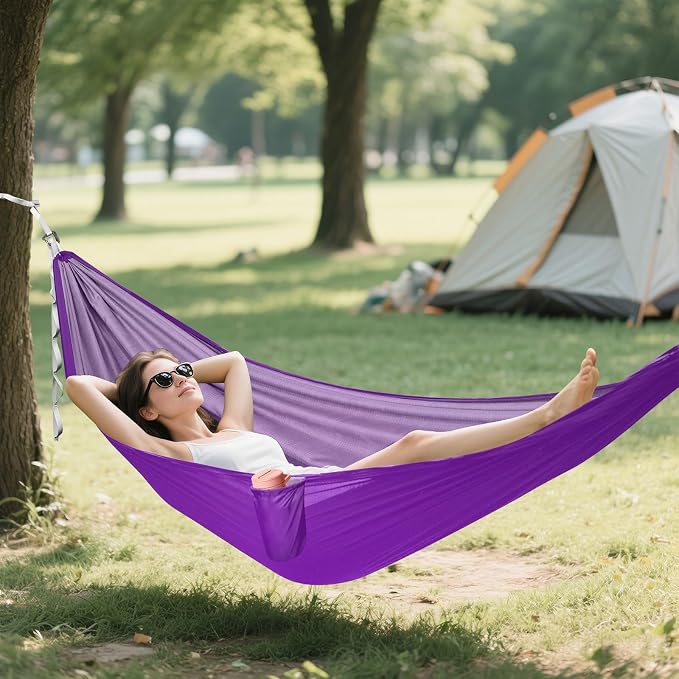 Purple Solid Color Camping Hammock, Portable Lightweight Single Hammock with Tree Straps and Aluminum Carabiners, 114" x 54" Travel Hammock for Hiking Backpacking Beach