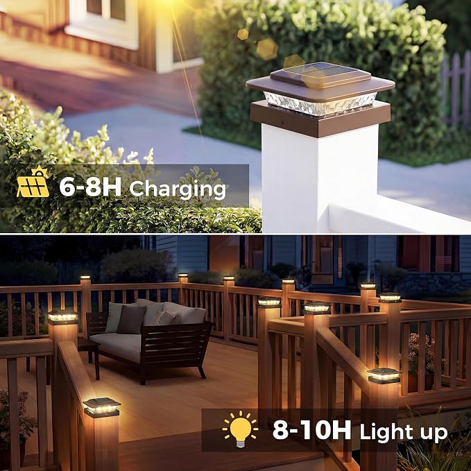 kolpop 4x4 Solar Post Cap Lights Outdoor 2Pack- 3 Color Temperatures&2 Level Brightness, IP65 Waterproof, 16 LED Fence Deck Post Light Solar Powered Only for 4×4/3.5×3.5 Wood/Vinyl Posts(Brown)