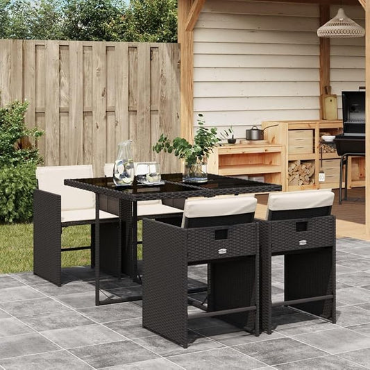 5 Piece Patio Dining Set with Cushions Black Poly Rattan Outdoor Furniture Table and 4 Chairs Foldable Stackable for Garden Backyard Deck Tempered Glass Top UV Proof 242.5 lb Capacity