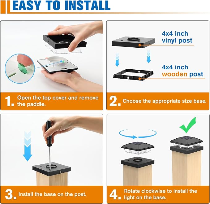 Solar Post Cap Lights,4x4 Post Solar Lights,Warm White,6 Pack Black | Fence Post Solar Lights for 4x4 Post Caps Wood Vinyl, IP64 Waterproof Solar Post Lights Outdoor, Solar Deck Post Lights