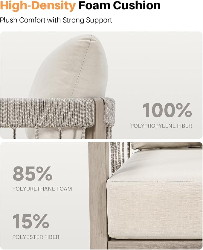 Patio Sofa Chairs Set of 2, Never-Rust Aluminum Outdoor Armchairs with Faux Wood Grain Finish, 2 Pieces Rope Weave Outdoor Sofa Chairs with Removable Cushions for Garden, Backyard, Deck