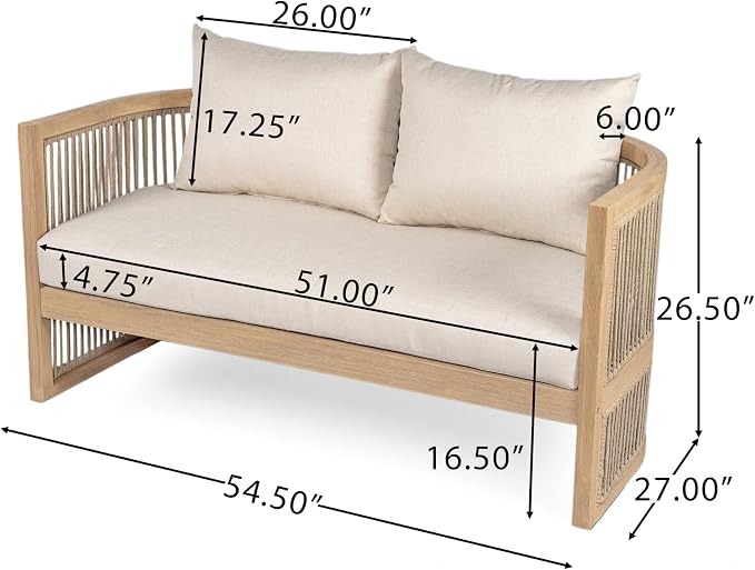 Christopher Knight Home Eden 5 Piece Patio Furniture Set with MGO Fire Pit+Tank Holder, 4-Seater Outdoor Acacia Wood Conversation Set with Cushions and Rectangular Fire Table,Light Teak+Beige+Natural