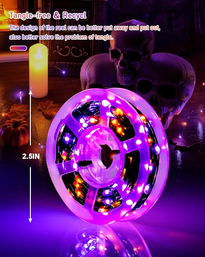 JMEXSUSS Solar Halloween Lights Orange and Purple, 2 Pack Total 200LED 66FT | Outdoor Waterproof, 8 Mode Black Wire Solar Fairy String Lights for Outside Yard Patio Garden Spooky Party Decorations
