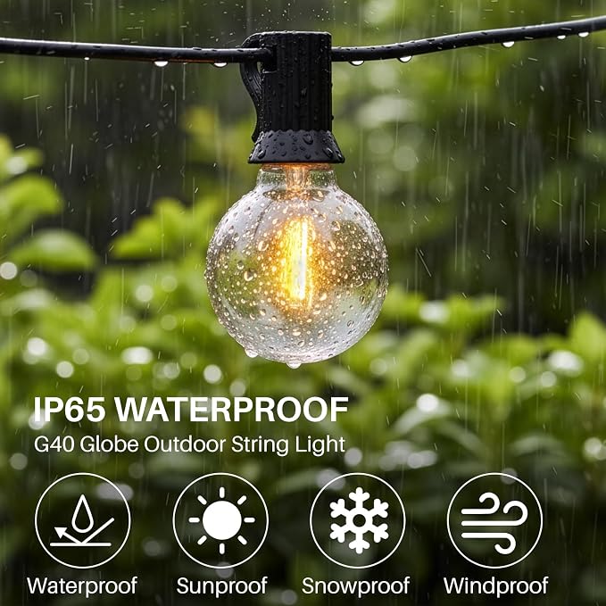 50 FT 2200K Outdoor String Lights,26 Plastic Edison Bulbs, E12 Base | G40 globe shatterproof bulbs, IP65 waterproof, dimmable LED, for backyard porch balcony party decor