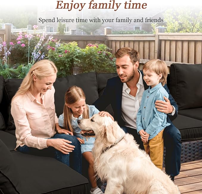 7 Pieces Outdoor Patio Furniture Set Wicker Sectional Sofa with Cushions & Tea Table Patio Rattan Conversation Chair Sofa Set Black