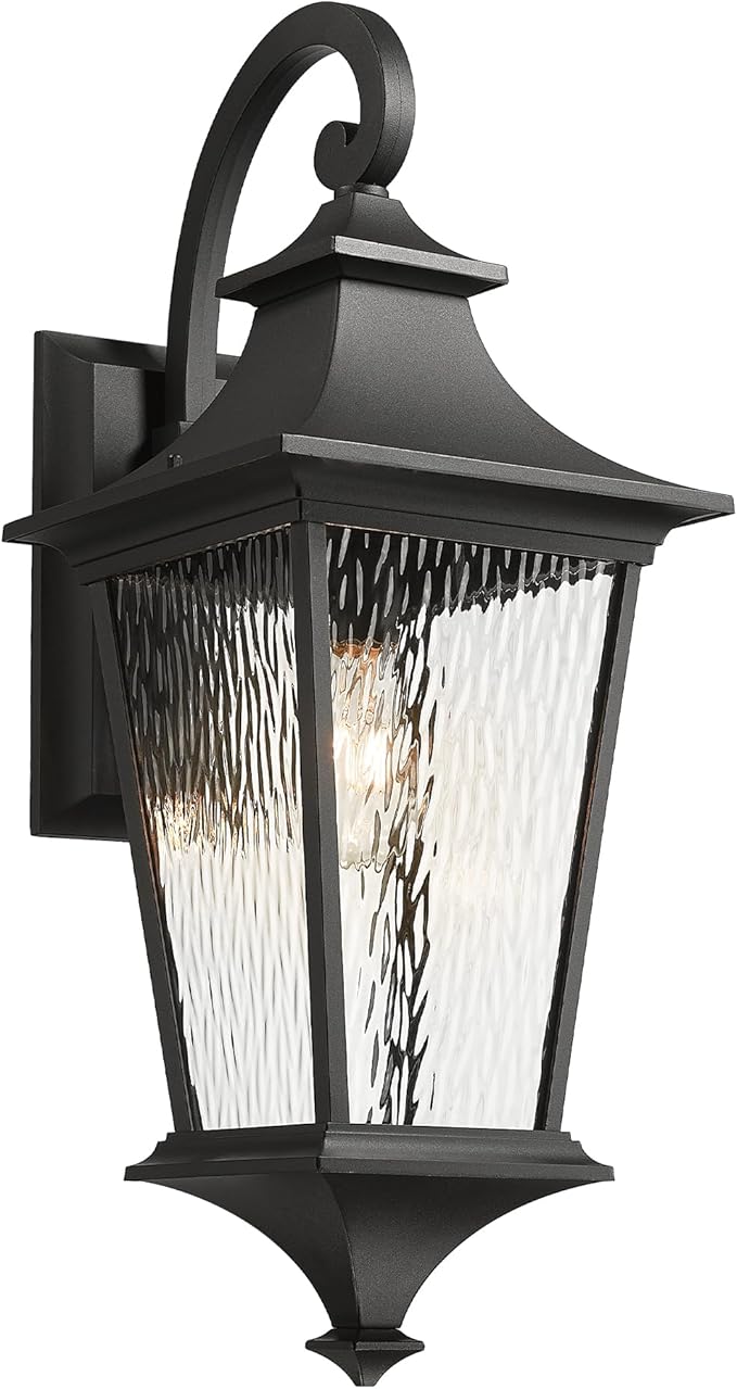 Emliviar 29.3" Exterior Waterproof Wall Sconce Light Fixture, Porch Wall Mounted Lighting with Water Ripple Glass Shade, Black Finish, XE292BL-SW BK