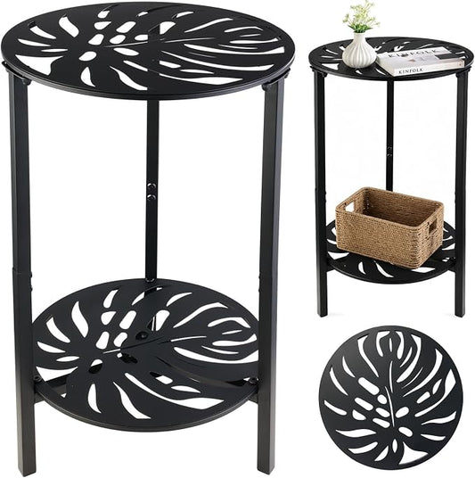 2-Tier Metal Round Side Table Black Accent Coffee Tables Small Space Corner Plant Stand Shelf for Indoor Outdoor Use Patio Balcony End Table Laser-Cut Monstera Leaf Weather-Resistant